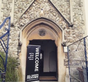 church doors and welcome sign